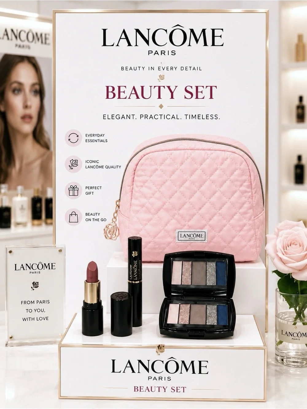 LANCÔME 4-Pieces Set Makeup Quilted Cosmetic Bag Eye Shadow Palette & Lipstick